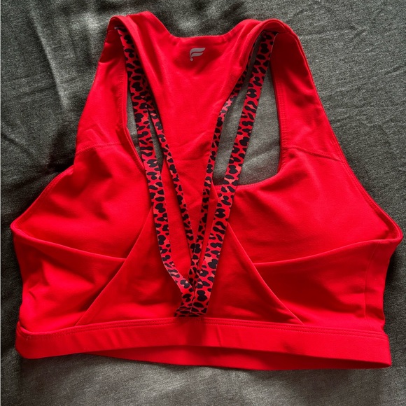 Fabletics Electric Cherry/Electric Cherry Mini Leopard Sports bra and leggings. - Picture 8 of 9